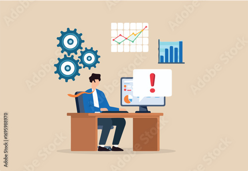 Flat illustration of office employee solving system issues with dashboard alert and data analytics in modern workplace