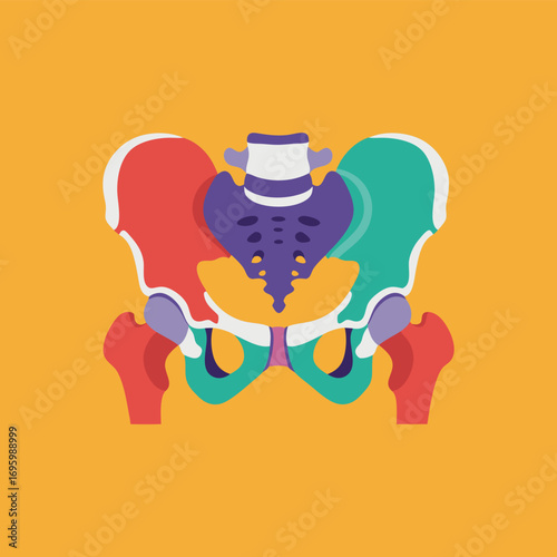 Detailed Medical Illustration of Human Pelvic Bone Structure with Color Segmentation for Anatomy and Education