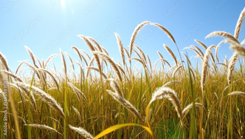 Obraz premium Golden tall grass field under bright blue sky with sunlight
