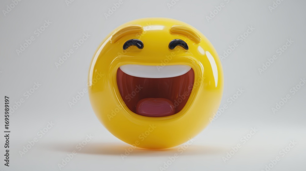 Fototapeta premium Bright yellow smiley face ball with a joyful expression and wide open mouth, designed for fun, happiness, and playful moods in creative projects