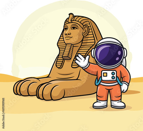 Cartoon astronaut greets Egyptian Sphinx — playful desert scene blending space exploration with ancient history under sunlit sky