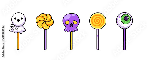 Halloween lollipop on stick set. Eyeball, eye, skull. Sweet candy comic elements collection. Vector isolated illustration.