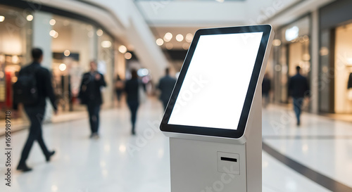 Modern digital kiosk with a blank white screen for advertising mockups, placed in a bustling, brightly lit shopping center concourse