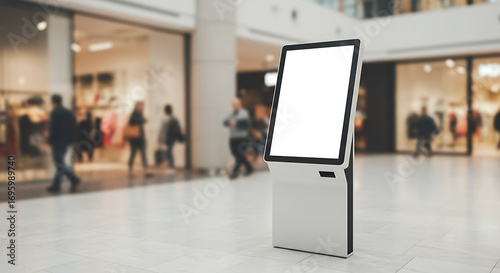 Blank Digital Signage Kiosk with Copy Space Standing in a Modern Shopping Mall Interior, Ready for Your Advertisement or Important Information Displayed to Blurred Shoppers