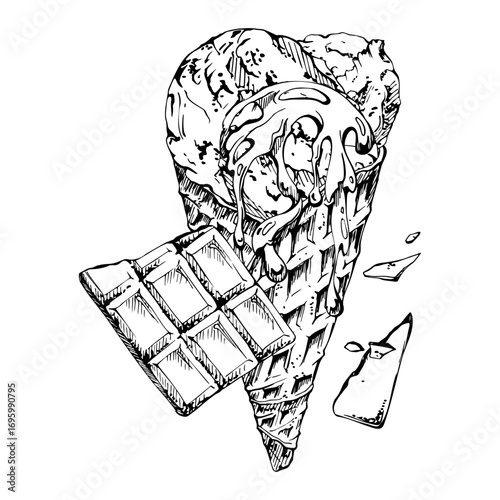 Sorbet gelato ice cream scoop with chocolate chips and syrup drizzle in crisp waffle cone. Vector graphic illustration hand drawn in pen and ink. Dessert wrap, gelateria branding, summer fair flyer