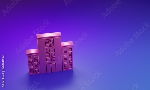 Pink Medical hospital building with cross icon isolated on purple-blue background. Medical center. Health care. Minimalism concept. 3D render illustration