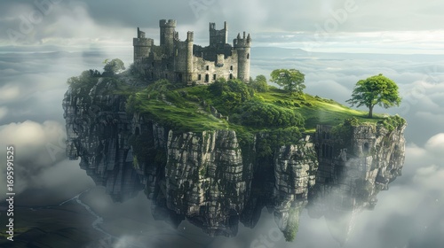 Mystical castle perched on a lush floating island amidst clouds