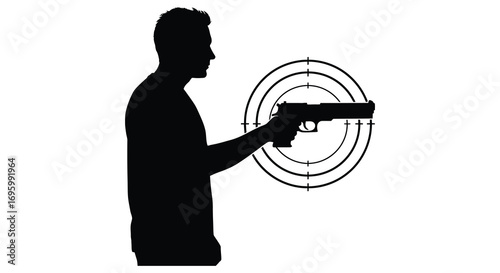 a silhouette figure aiming gun at target practice board