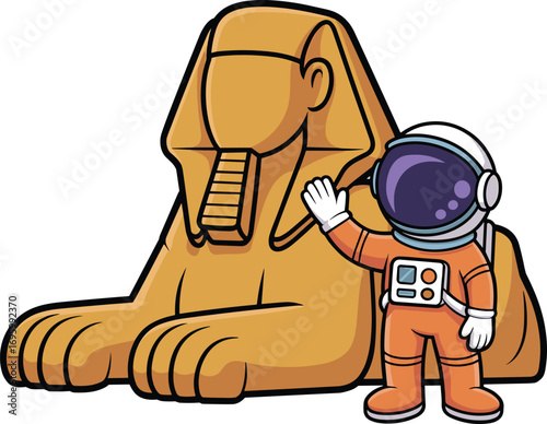 Cartoon astronaut waves beside stylized Sphinx — playful fusion of space exploration and ancient Egypt, ideal for educational or fantasy themes