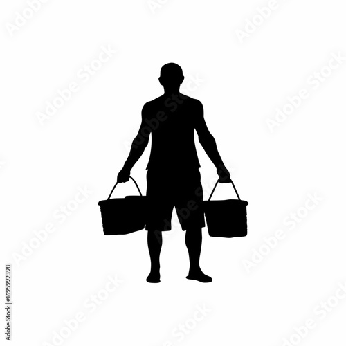 Silhouette of a street vendor selling fresh fish in baskets