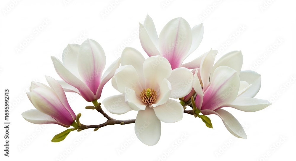 Obraz premium 優美な白とピンクのマグノリア 花びら輝く春の光. AI Generated