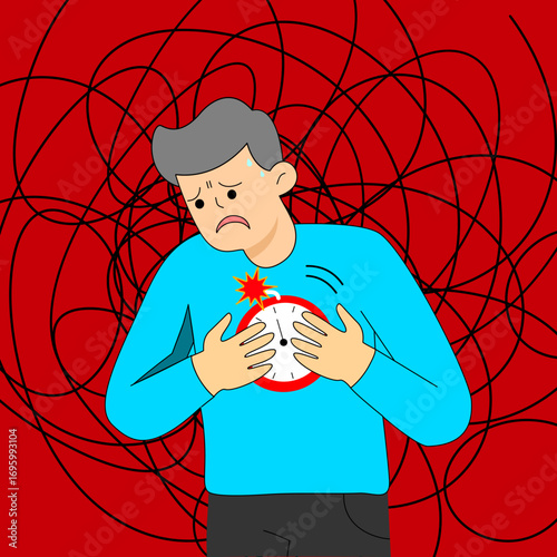 man standing with his hand over his chest, depicting a panic attack. Inside his chest, a clock is shown like a ticking time bomb, symbolizing intense anxiety and stress