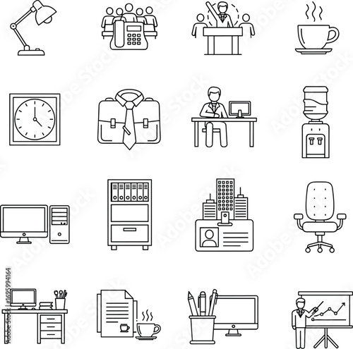 Office life icon set — 20 black-and-white line illustrations of workplace scenes, tools, meetings, coffee breaks, and business activities
