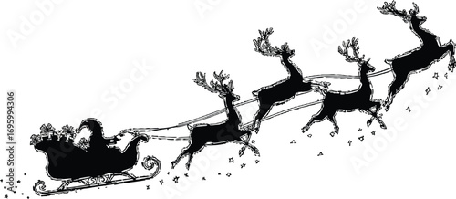 Santa's sleigh flying through the night sky with reindeer, bringing Christmas joy to all this holiday season