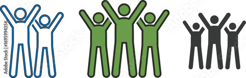 Happy people raising arms in celebration, diverse team success and achievement concept, teamwork and collaboration icon