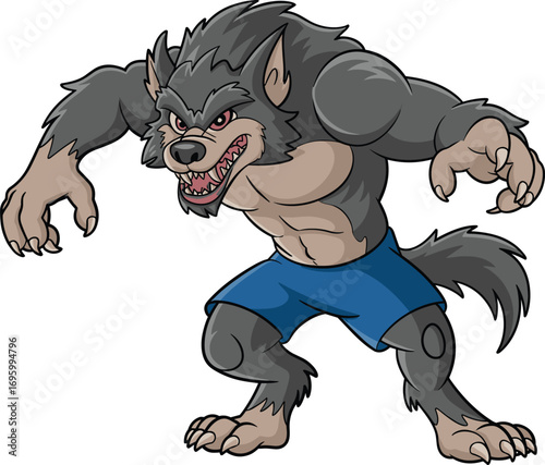 Stylized cartoon werewolf in blue shorts — muscular gray creature with red eyes, claws, and bushy tail in aggressive crouching pose