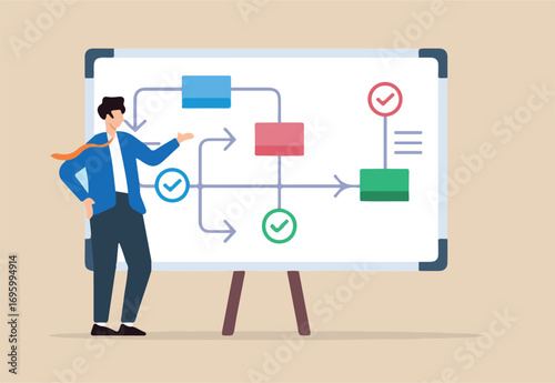 Flat illustration of businessman leader present workflow and procedure on board outlining steps to finish project