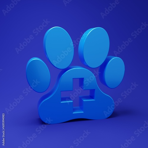Blue Veterinary clinic symbol icon isolated on blue background. Cross hospital sign. A stylized paw print dog or cat. Pet First Aid sign. Minimalism concept. 3D render illustration