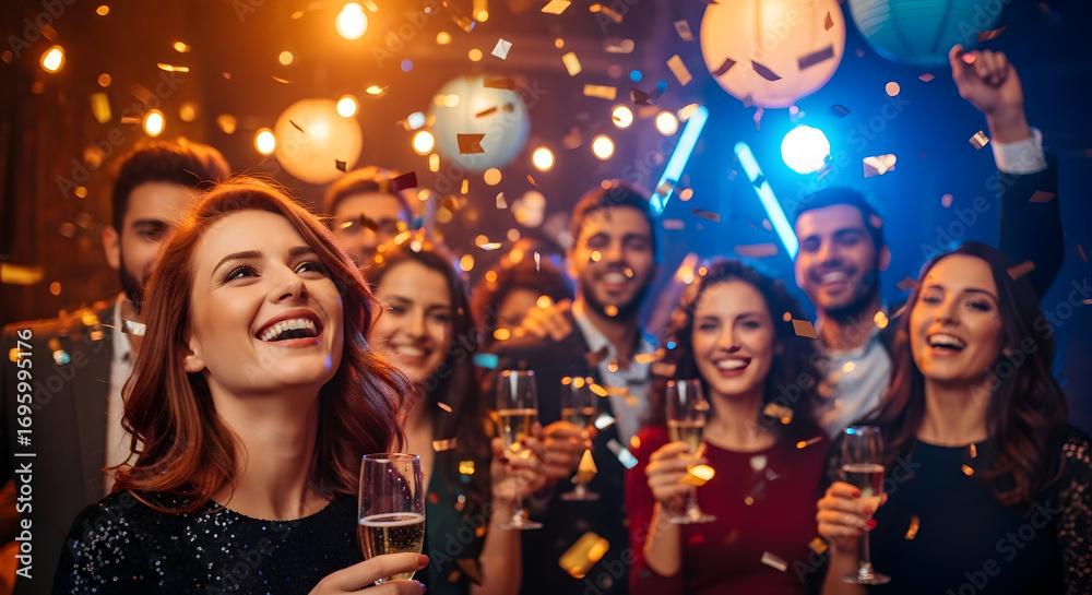 Obraz premium Celebrate the New Year with Friends Happy New Year Party Cheers Celebration Festive Friends Friendship Togetherness Joyful Moments New Years Eve Party Night Club