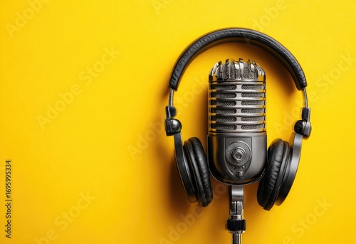 Vintage microphone and headphones on a vibrant yellow background