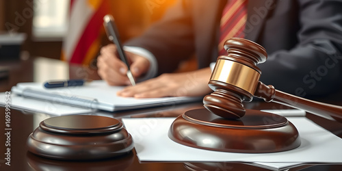 Person in suit writing legal documents with wooden judge's gavel in close-up view on desk