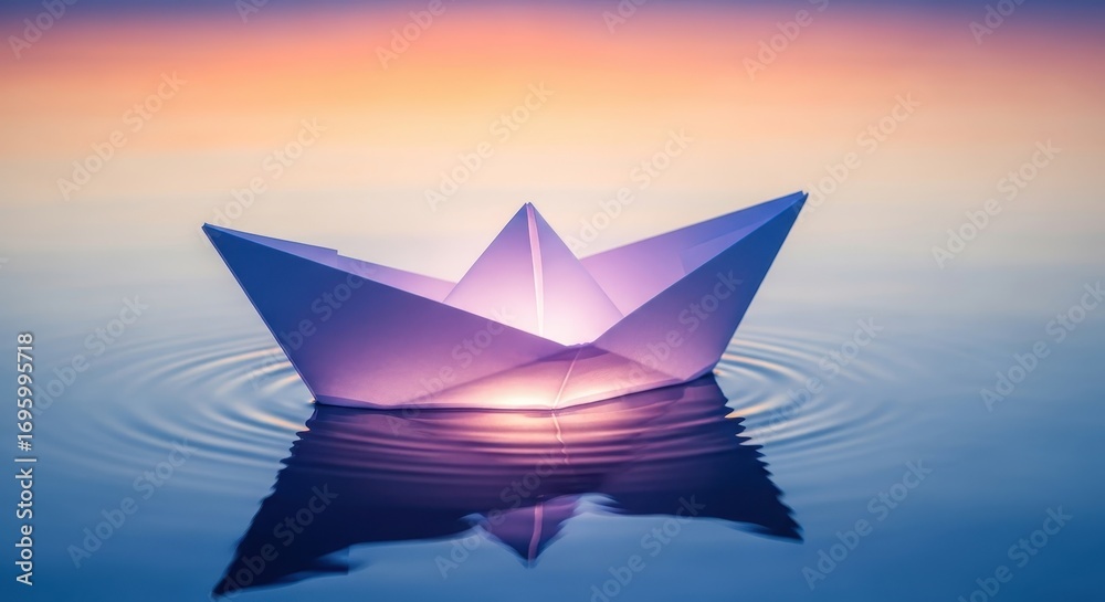 Obraz premium Paper Boat Floating on Water at Sunset - Serene Peaceful Scene