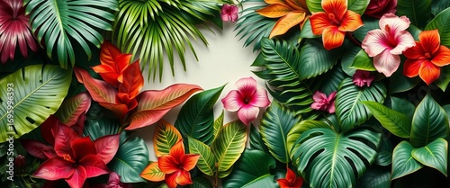 Elegant botanical composition featuring exotic jungle leaves, banana palm, monstera, fern, philodendron, hibiscus, and more ,  pattern,  lush