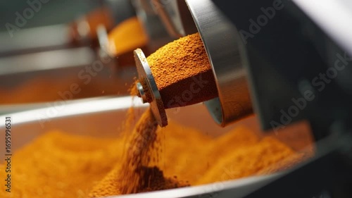 Industrial spice processing machine pouring ground turmeric powder in factory, food production manufacturing concept, aromatic yellow seasoning ingredient, organic culinary spice industry, flavoring p