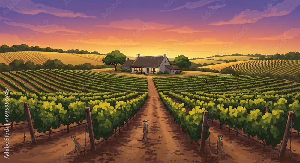 Fototapeta premium 夕日輝く葡萄畑広がる丘陵地帯、静かな農家 美しい風景. AI Generated