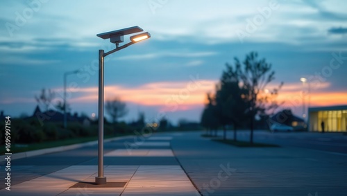 A solar powered street light illuminating a parking lot at dusk with a colorful sky in the background