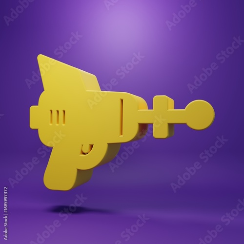 Yellow Ray gun icon isolated on purple background. Laser weapon. Space blaster. Minimalism concept. 3D render illustration