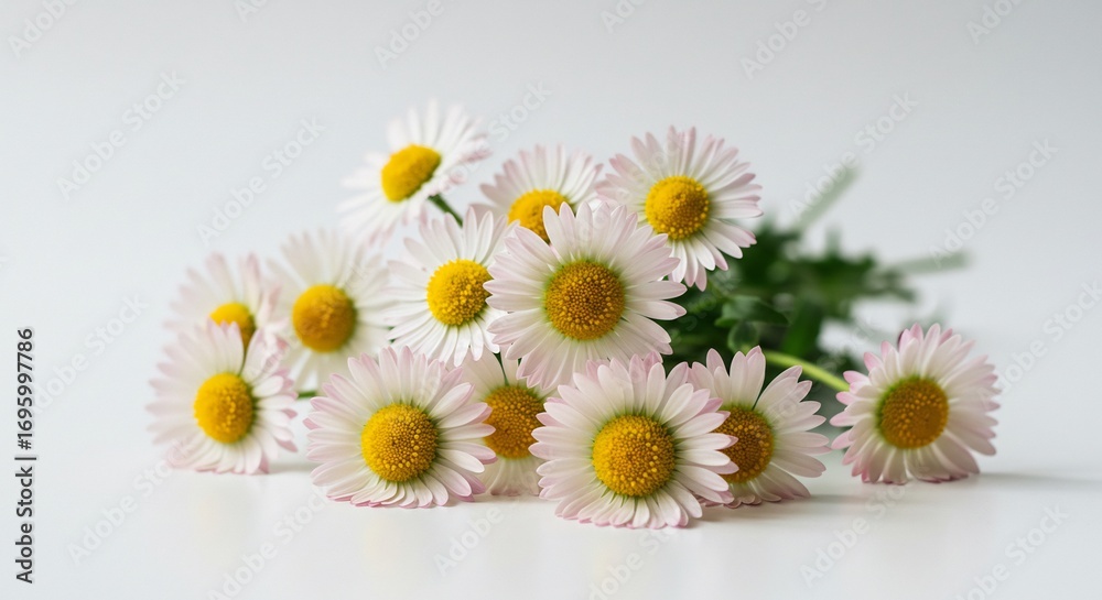 Obraz premium 清楚な白背景に咲く可憐な白いデイジーの花束。柔らかな自然光が優しく花びらを照らす. AI Generated