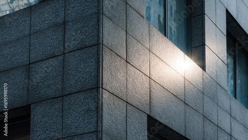 Corner of a modern building with gray stone facade