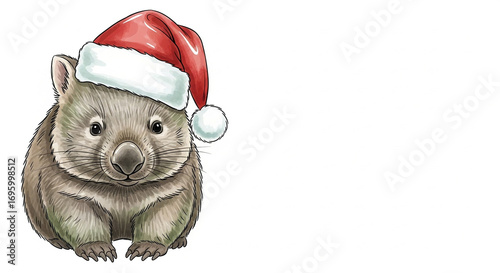 Cartoon wombat wearing Santa hat celebrating Christmas  