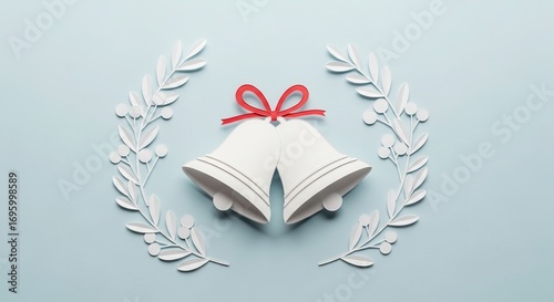 Wedding Bells and Floral Wreath on Blue Background