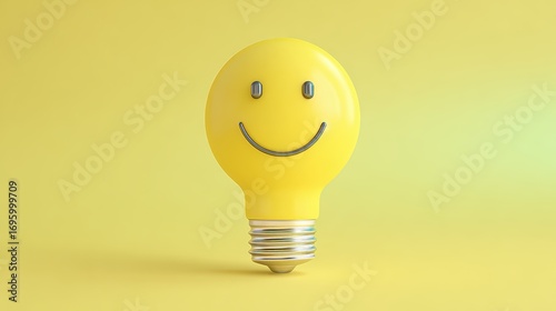 Bright yellow light bulb with a cheerful smiley face representing creativity innovation and happy ideas on yellow background