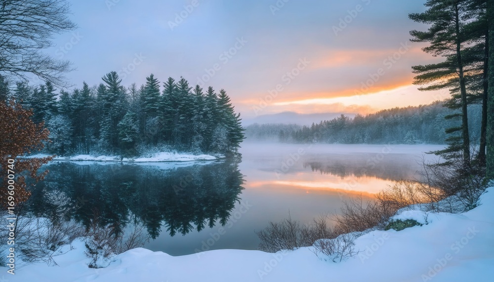 Fototapeta premium Breathtaking Winter Sunrise Over Tranquil Lake Surrounded by Fog and Reflecting Trees in Nature