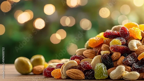 Festive mix of dried fruits and nuts on a wooden table, bokeh background.