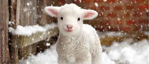 Adorable young lamb standing in a snowy winteryard with falling snowflakes and a rustic wooden fence background du daytime