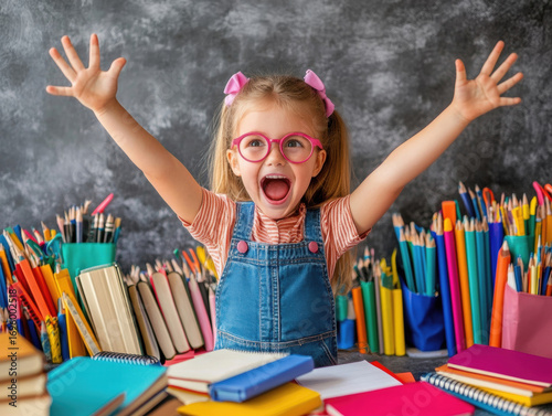 Excited child expressing joy in a colorful classroom setting