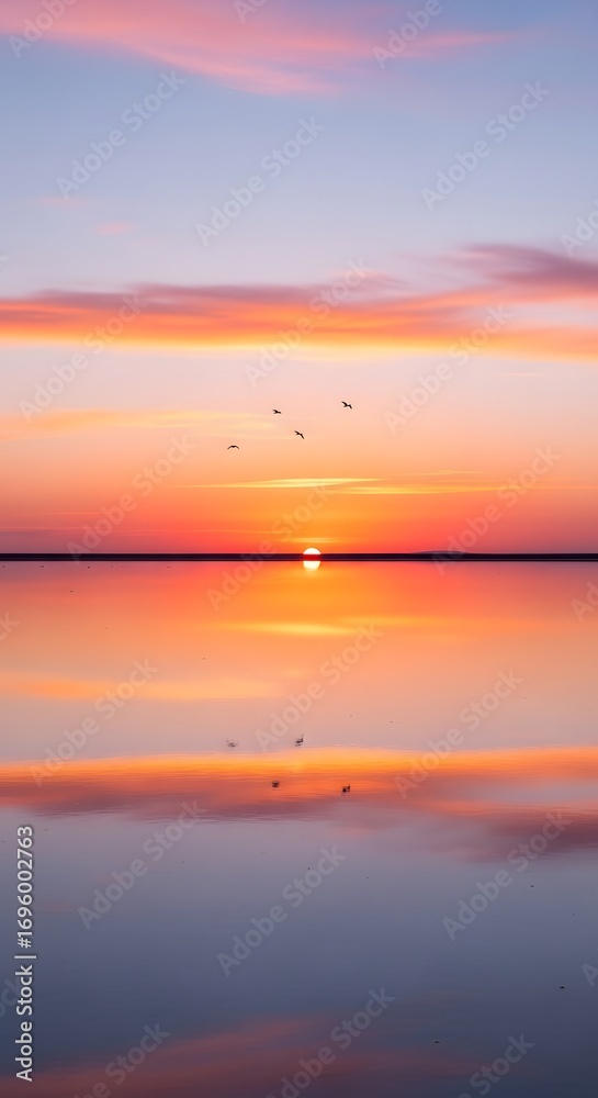 Fototapeta premium sunset over a mirror-like salt lake, pastel pink and orange sky reflecting perfectly on the water, minimal silhouettes of birds flying, cinematic aesthetic