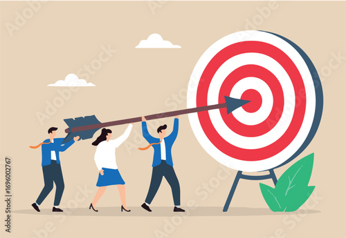 Flat illustration of business team pushing giant arrow to hit bullseye target for corporate mission and team success
