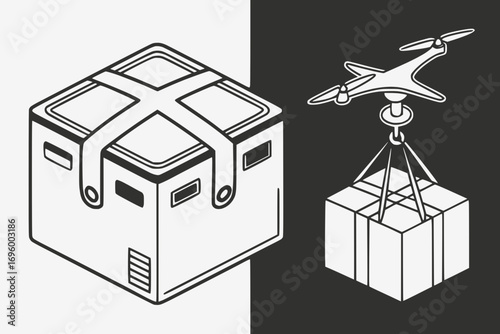 Minimal drone delivery box design, two-color vector