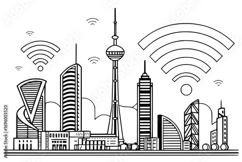 Smart city skyline with wifi signal, futuristic two-color vector
