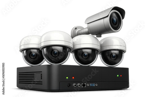Video surveillance system with multiple cameras and digital video recorder on transparent background