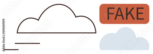 Sketched cloud outline, filled cloud shape, and bold FAKE tag in red rectangle. Ideal for misinformation themes, weather concepts, labeling, data verification, minimalism, communication simple flat