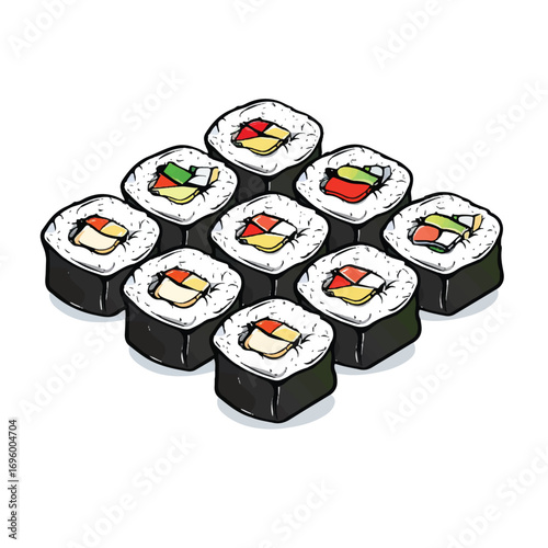 A delicious set of ten Japanese sushi maki rolls illustration.
