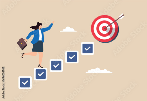 Flat illustration of smart businesswoman walk up checklist staircase to achieve bullseye target symbolizing personal development for career success