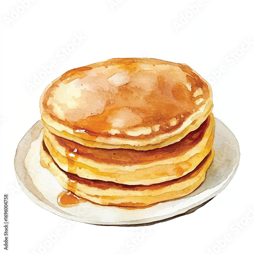 A delicious stack of fluffy golden pancakes with dripping maple syrup.