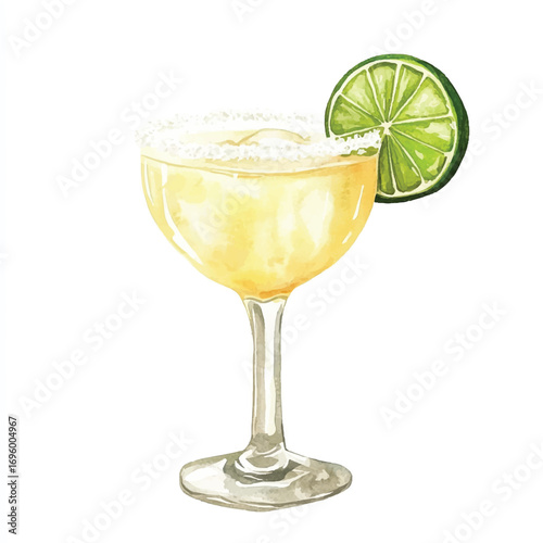 A refreshing margarita cocktail in a coupe glass with a lime garnish.